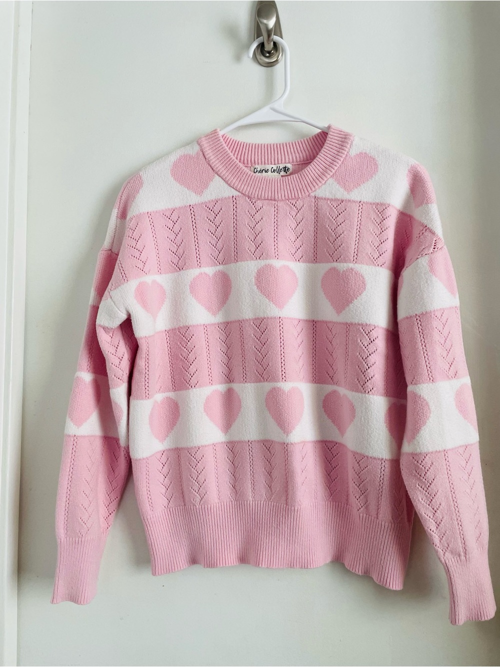 Pink Heart-Stripe Crewneck Sweater